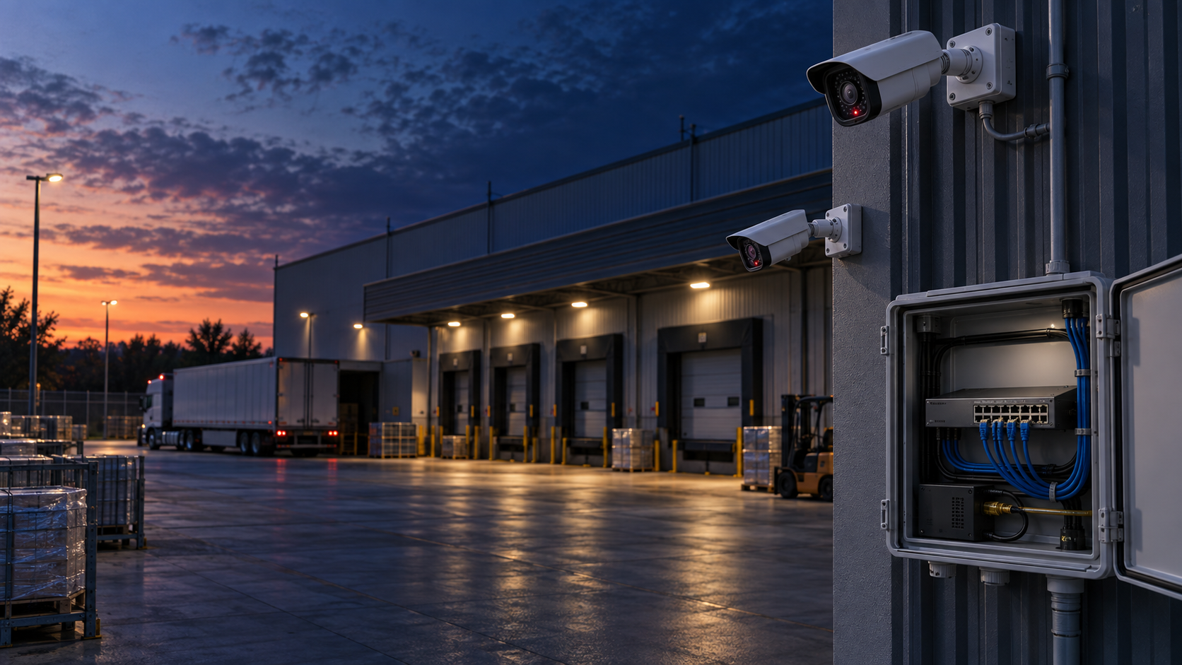 Editorial illustration of warehouse security cameras at dusk and an Ethernet switch inside an outdoor cabinet.