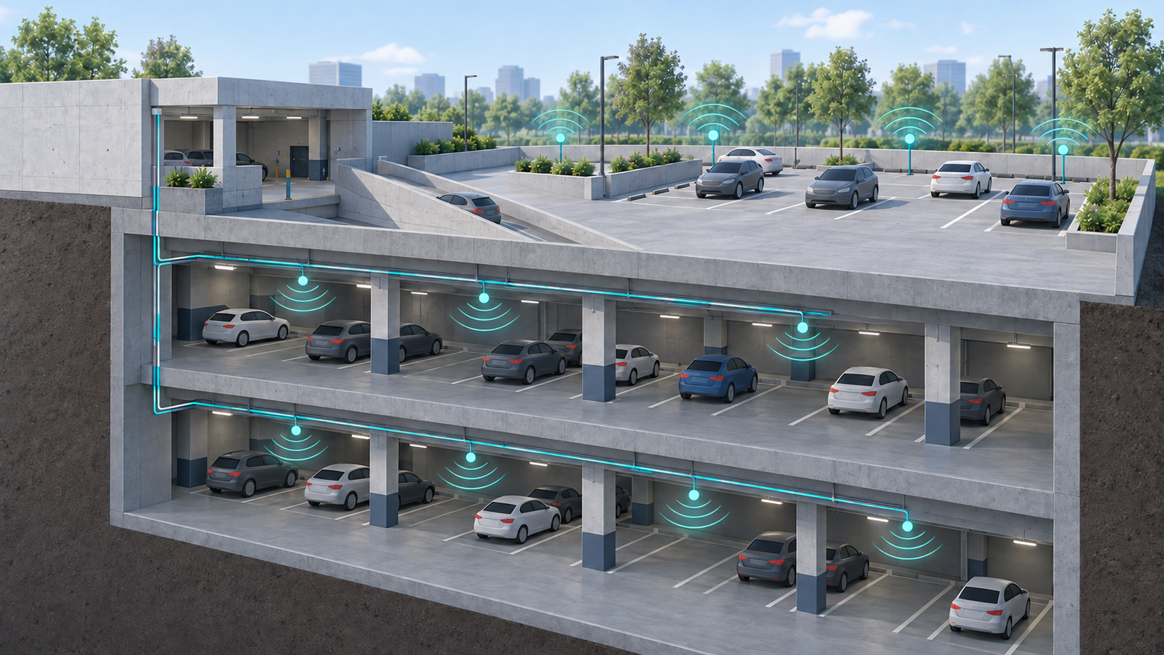 Architectural cutaway showing separate Wi-Fi zones and cable routes across underground and outdoor parking areas.