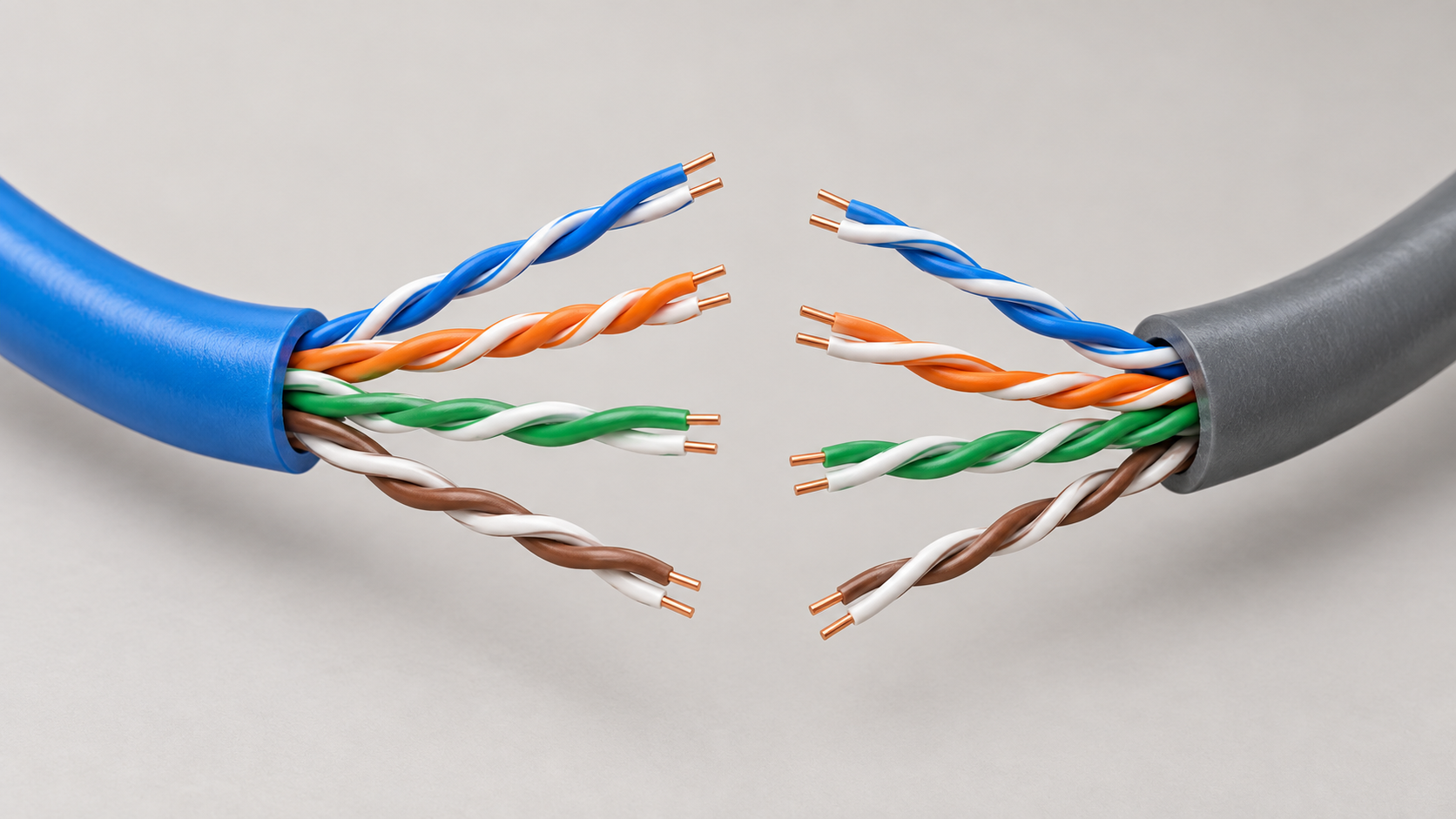 Two unbranded Ethernet cable cutaways with four color-coded twisted pairs in each cable.
