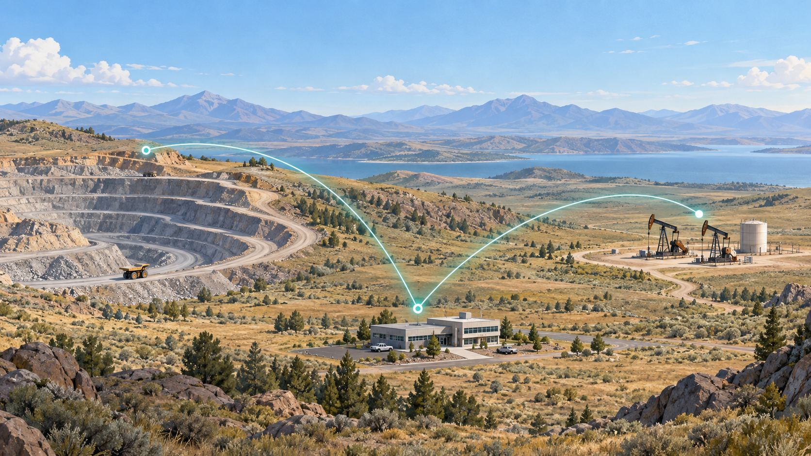 Editorial illustration of a remote surface mine and oil field with conceptual network connections across open terrain.