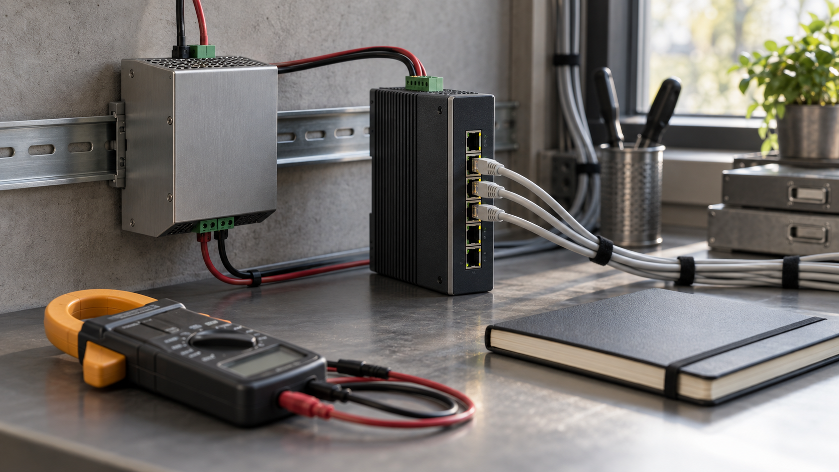 Editorial engineering bench illustration with an industrial switch, DIN-rail supply and measurement equipment.