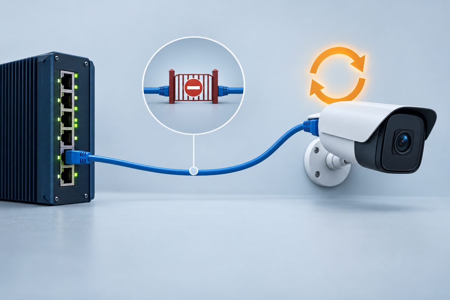 Conceptual illustration of a PoE switch repeatedly restarting a camera because a network reachability probe is blocked.