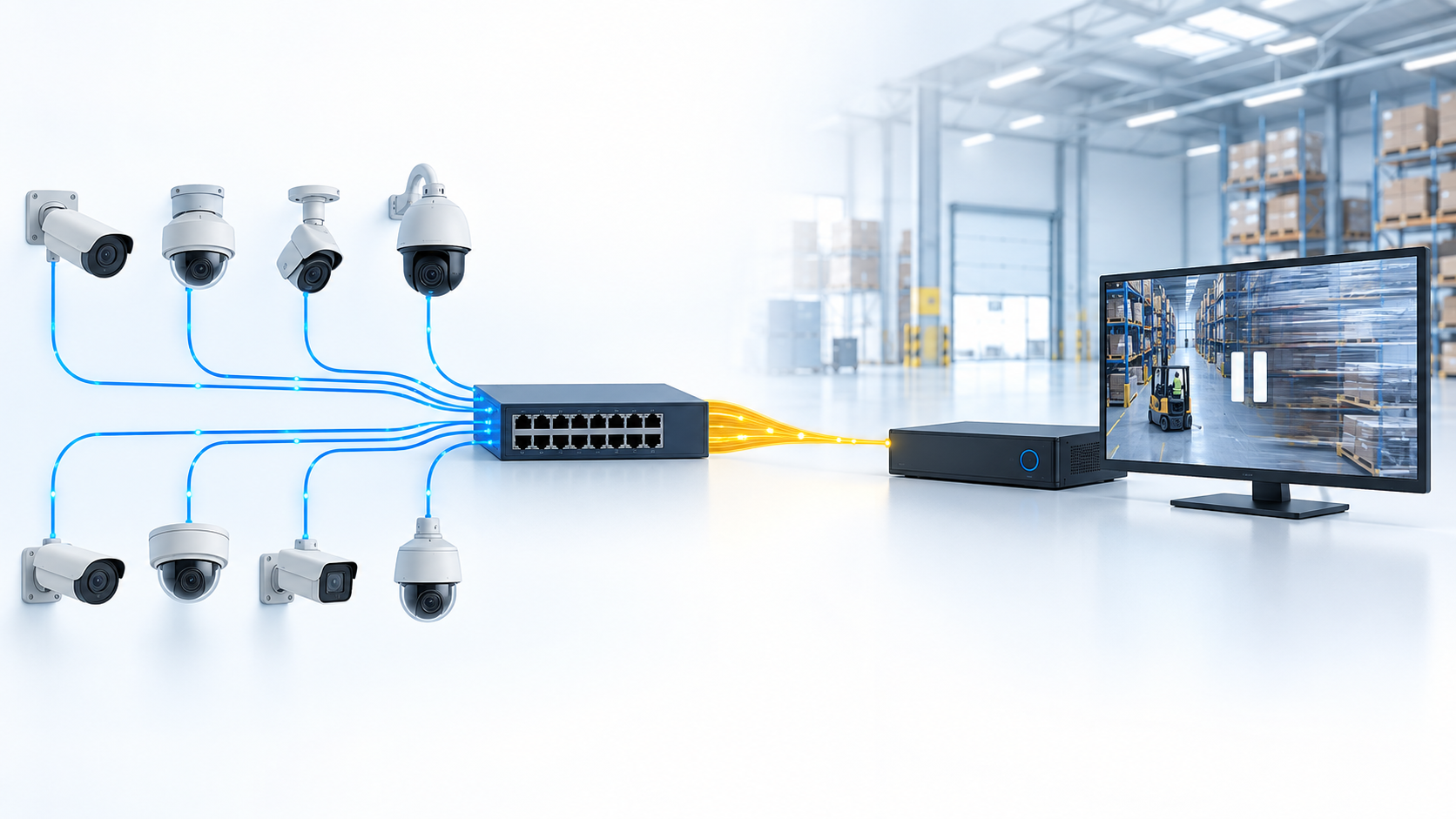 Conceptual illustration of eight camera streams converging on a constrained uplink to a recorder.