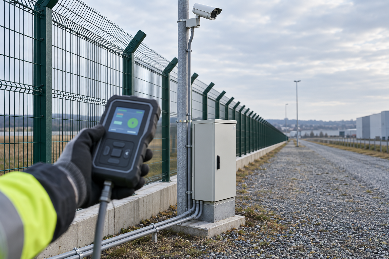 Editorial illustration of a long industrial perimeter camera route and a technician reviewing cable-test equipment.