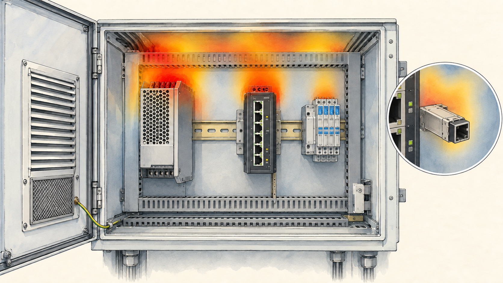 Conceptual cabinet illustration showing different thermal conditions around a supply, industrial switch and pluggable transceiver.