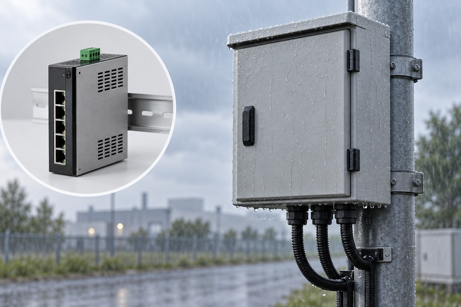 Editorial illustration contrasting a ventilated industrial switch with a closed outdoor communications cabinet in rain.