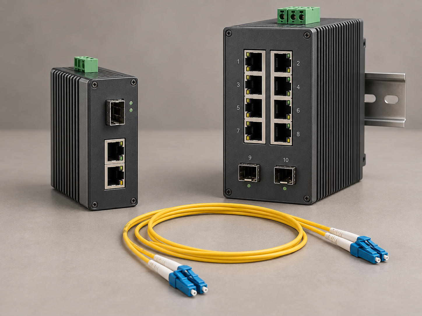 Editorial product illustration comparing a compact fiber media converter with a larger industrial switch and SFP uplinks.