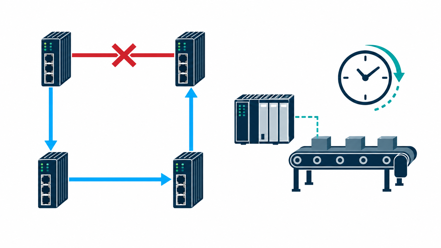 Conceptual Ethernet ring rerouting around a broken link, beside an industrial application with its own recovery timing.