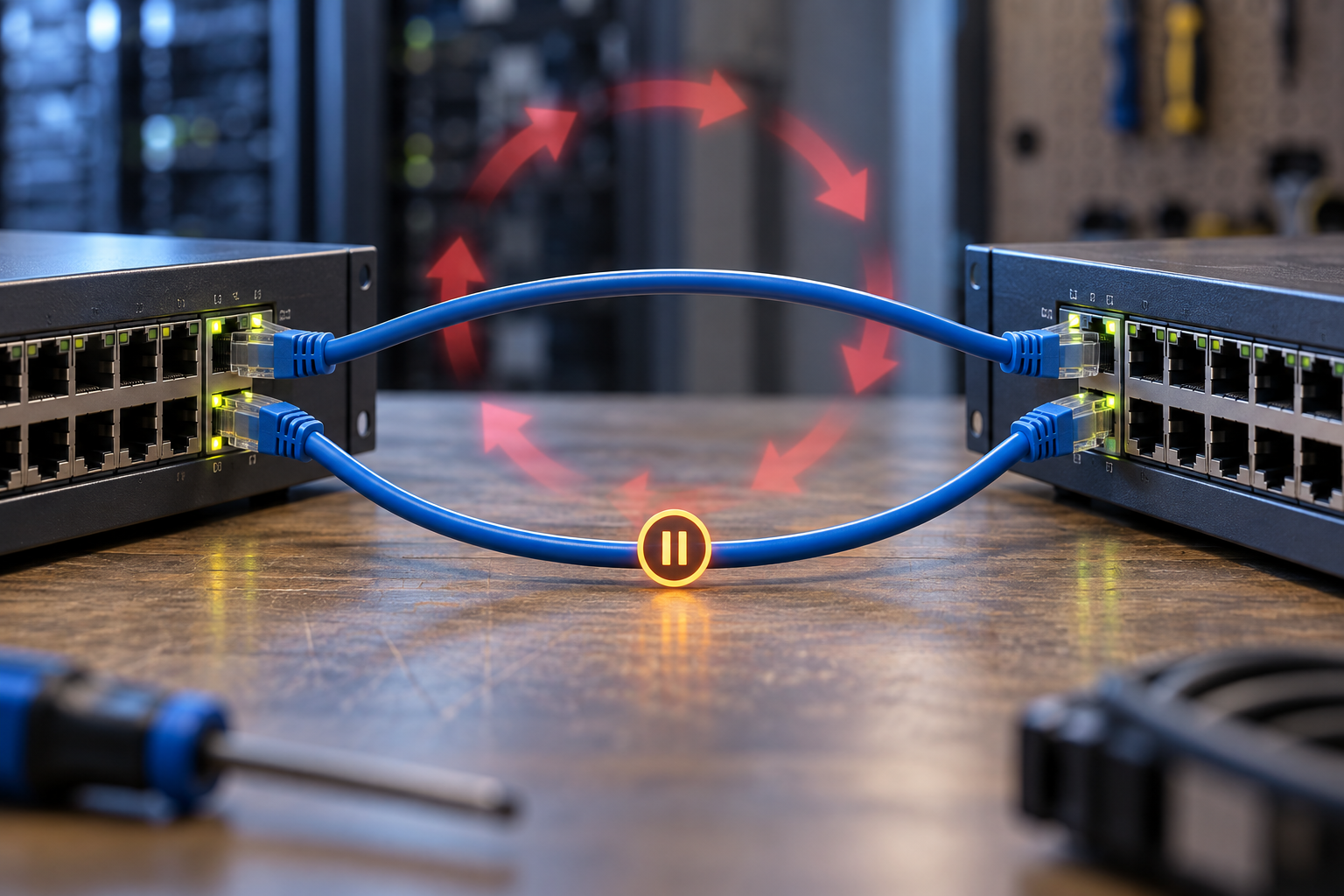 Conceptual illustration of parallel Ethernet paths between switches with one path deliberately blocked by loop-prevention logic.
